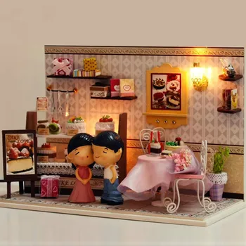LED на магазин за сладки торти куклена къща, мебели, направи си сам куклена къща diy wooden куклена къща миниатюрен куклена къща, мебели, домашна детска Играчка подарък