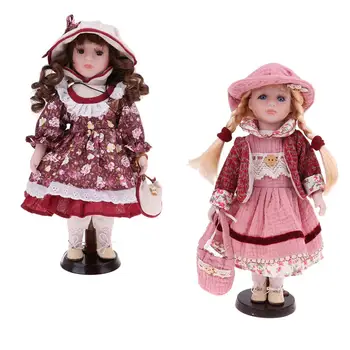 2 елемента от 30 см Викторианската Порцеланова Кукла с Набор от Рокли и Дървена Стойка за Украса на дома на дисплея