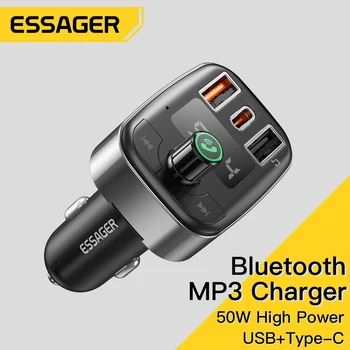 Essager 50 W Зарядно За Кола Bluetooth5.0 FM Предавател Безжичен комплект за Кола Handfree Dual USB Зарядно за Кола За iPhone 14 13 MP3 Плейър