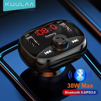 KUULAA Bluetooth Зарядно Устройство, FM Трансмитер 38 W Авто Аудио MP3-Плейър TF Карта Комплект за Кола QC PD USB За Бързо Зарядно Устройство За iPhone 13 12