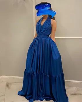 Елегантна Дълга Синя Вечерна рокля от тафта с джобове, секси вечерна рокля Трапецовидна форма с дължина до пода, секси вечерна рокля