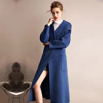 дамско зимно палто, синьо на цвят, с качулка, Двустранен вълнена кашмир връхни дрехи 2019, есен, по-големи размери, дамски модни палто, дълго, безплатна доставка
