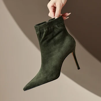Есенно-зимни нови кашмир дамски обувки на висок ток с остър пръсти и цип, удобни универсални прости къси ботуши за почивка
