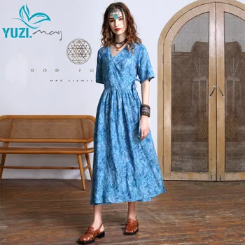 Женствена рокля 2022 Yuzi.may в стил бохо, Ново Коприна Ленено рокля с V-образно деколте и завязками дантела прозорци, с Къс Ръкав и Копчета, Vestido Feminino A82510