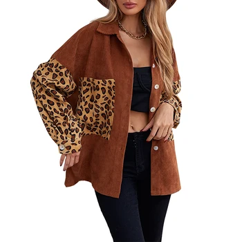Дамски есенното яке с леопардовым принтом, Отложным яка, дълъг Ръкав, Однобортное късо палто за Момичета, Кафяв