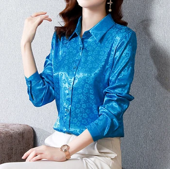 Копринен сатен 2021, есен нова риза в корейски стил, дамски топ от коприна тутового на цвят, с дълъг ръкав, дамски блузи, риза с копчета с флорални принтом