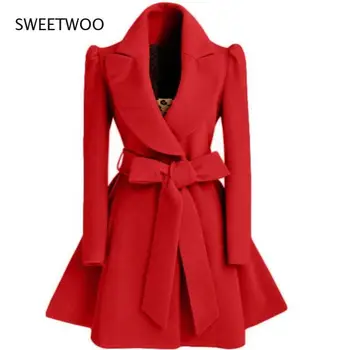Корейска жена вълнена ветровка, Палто, яке, палто, Червена XL, есенно-зимна дълга ветровка, Козина, модно палто, яке