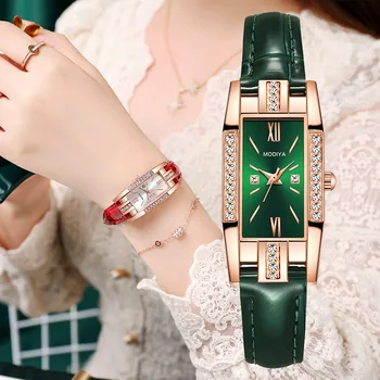 Ръчен Часовник Дамски Квадратни Зелени Кожени Модни Часовници Дамски Кварцови Часовници за Жени Ежедневни Montre Femme