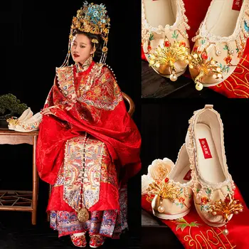 QiYueHe/ Оригиналната Китайска Традиционна обувки Hanfu, Златна Екстравагантност, Вътрешна украса, Сватбени обувки с Бродерия на Феникса, Женски 2022