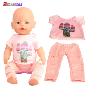 Нов модерен кукла костюм за 43 см, Нови кукли Baby Born Розово кактус къс ръкав и скъсани дънки 1/3 BDJ Дрехи за кукли