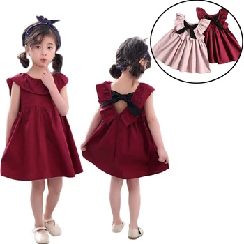 Детска лятна детски дрехи За момичета, Плиссированное рокля без ръкави с лък и отворен гръб, памучно детско Корейска рокля, рокля с отворен гръб за малки момичета