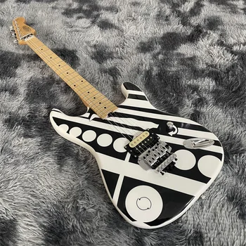 Висококачествена частен електрическа китара в стил ST с двойна bobble система тремоло, черно-бяло графити