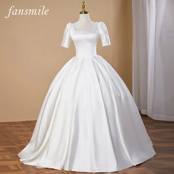 Fansmile Нов Къс Ръкав Vestidos de Новия Атласное Бална Рокля Сватбена Рокля 2023 Винтажное Дантелено Сватбена рокля FSM-246F