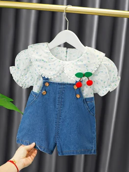 Летни комплекти дрехи за момичета с Малко цвете 2022, Новият, Модерен Стил, Детски дрехи от 1 до 5 години, тениска, Къси детски Костюм