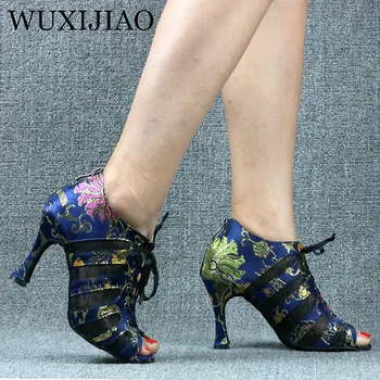 WUXIJIAO/ Дамски черни мрежести велур модни пикантни сандали с преминаването каишка на висок ток, удобни обувки за латинските танци, обувки за салса