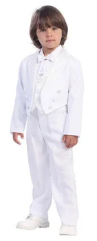 Обичай дълъг бял фрак с яка-часова, Детски смокинг, Сватбен костюм, Костюм за момчета (Яке + панталон + вратовръзка + жилетка) G888