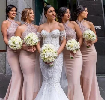 Работа-розови рокли на Шаферките в стил кънтри, Кратък Топ Русалка, Дантелено Дълга Рокля на шаферка Размер Плюс За Сватбени партита 2019