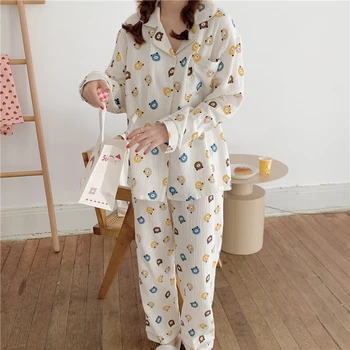 demisezonnyj памук на газ пижамный комплект за жени с анимационни принтом мечка kawaii домашни дрехи, удобни дишащи панталони домашно облекло L931