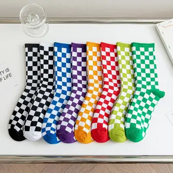 Китайска Мода Harajuku Тенденция на Дамски Чорапи в Клетката С Геометричен Модел, Чорапи в Клетката, хип-хоп, Памук, Унисекс, Новост, Sox