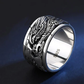 Оригинален дизайн, тайландски сребърен издълбани дракон мъжки пръстен ретро арогантен въртящи бизнес стил леки луксозни бижута