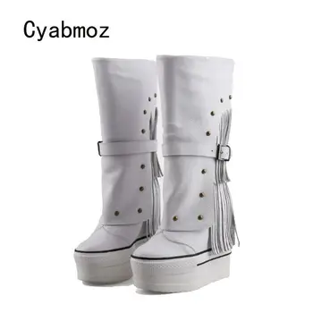 Cyabmoz/Зимни Зимни Обувки; Дамски Обувки От Естествена Кожа с Пискюли и Нитове; Вечерни Къси Ботуши На Висок ток, увеличаване на Растежа; дамски Обувки