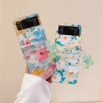 Боядисани с Цветен Калъф за телефон с цветя Маргаритки за Samsung Galaxy Z Flip 3 Z Flip 4, Твърда Делото от КОМПЮТЪР, за да ZFlip3, ZFlip4, Калъф във формата на Миди