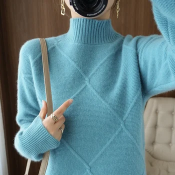 Есен-зима, нов 100% вълна, вълнен пуловер с висока воротом, женски модерен случайни свободен вязаный пуловер с дълги ръкави